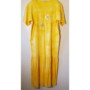 Cotton Code Yellow Maxi Dress Size L XL Tall Applique Short Sleeve Tie Dye USA